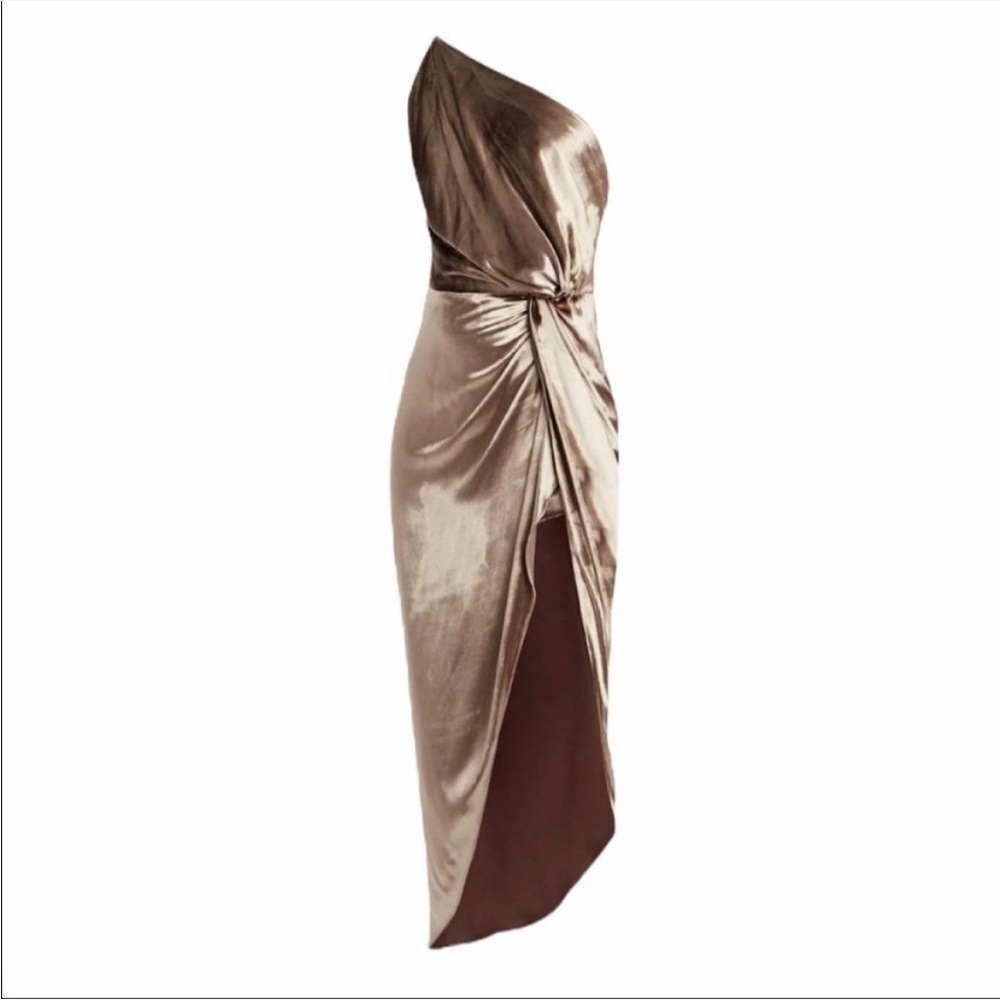 MICHELLE MASON Gold Silk Velvet One-Shoulder Asymmetrical Gown Midi Dress 2